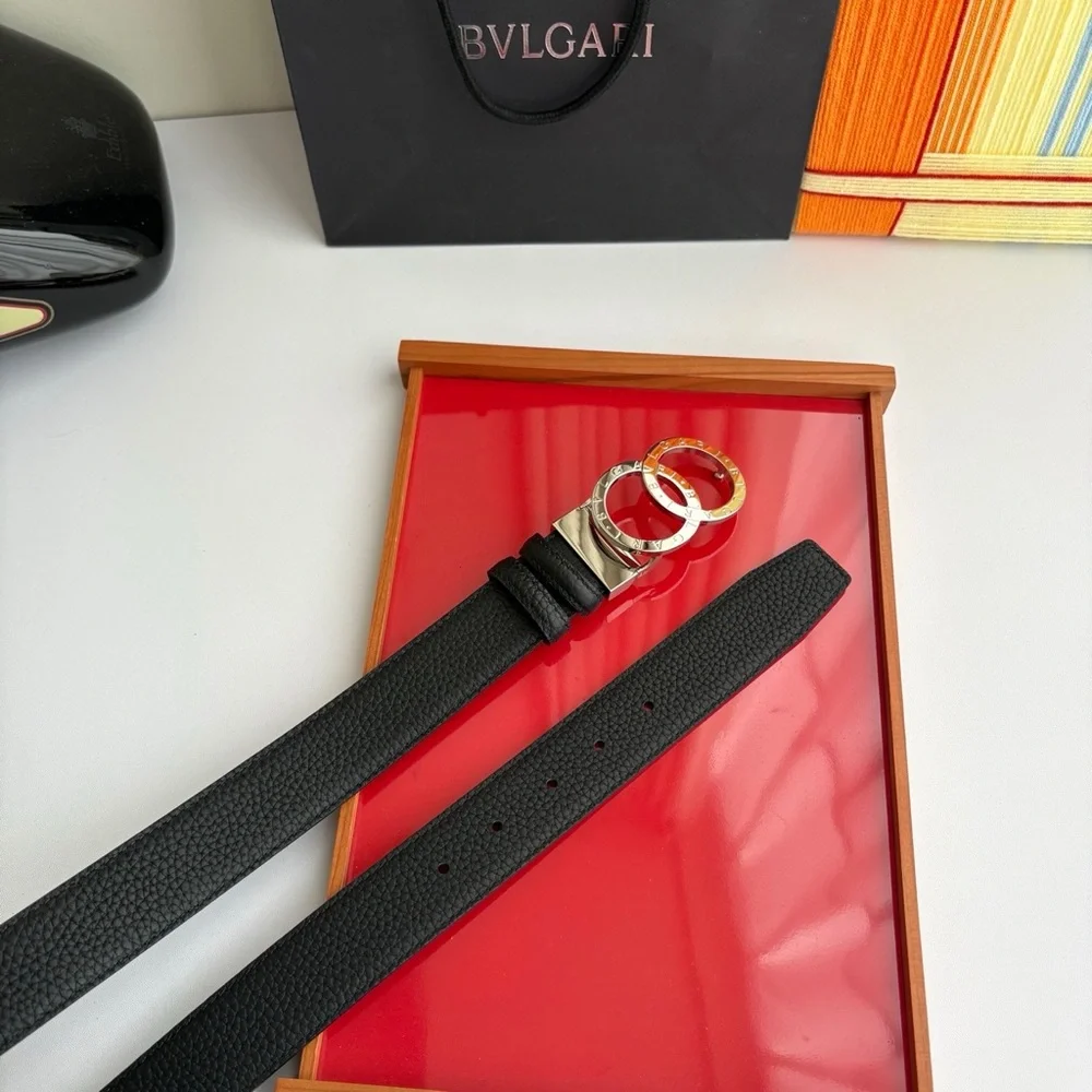 Bulgari Black Leather Belt with Silver Double Circle Buckle
